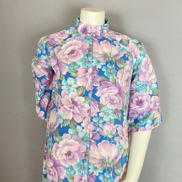 Vintage Handmade Housedress Floral Dress Purple‎ Blue Zip-Front Stand-Up Collar - Picture 4 of 11